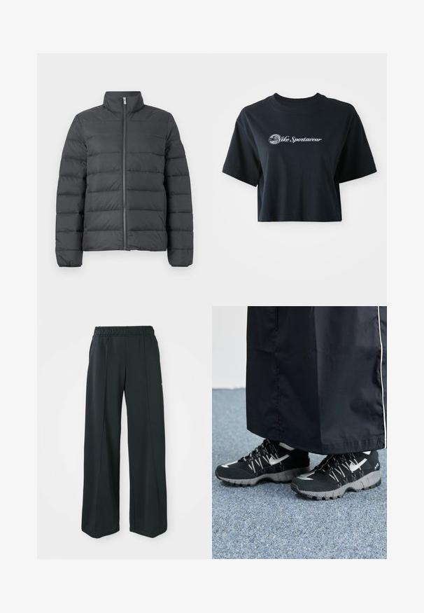 Casaco acolchoado em cinza escuro, com colarinho alto, fecho de correr frontal e design com costuras horizontais para maior isolamento e textura.; T-shirt preta de algodão, cortada, com mangas curtas, apresentando o texto branco "Vice Sportswear" e um gráfico circular na parte da frente.; Calças atléticas largas e pretas com um cós elástico. Feitas de um tecido liso e elástico, com costuras frontais discretas e sem bolsos.; Tênis atléticos pretos com um cabedal texturizado, detalhes prateados e um solado estampado, combinados com uma peça longa preta. Ambientado sobre um tapete azul.
