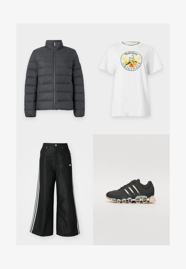 Peldošā jakas tumši pelēkā krāsā, ar augstu apkakli, pilnu rāvējslēdzēju priekšā un horizontālu šuvju dizainu, kas nodrošina papildu izolāciju un faktūru.; Balts kokvilnas t-krekls ar īsām piedurknēm, kuram ir apaļš grafiskais logotips zaļā un dzeltenā krāsā, attēlojot "Adidas Originals" un augļu dizainus.; Melni platās kājas džinsi ar trim baltām svītrām katrā pusē un mazu baltu logotipu. Iezīmē priekšējos kabatas un pogu aizdari.; Melna sporta apavi ar teksturētu augšdaļu, trim sudraba svītrām un atšķirīgu amortizācijas zoli, kas sastāv no vairākiem integrētiem sekvencēm.