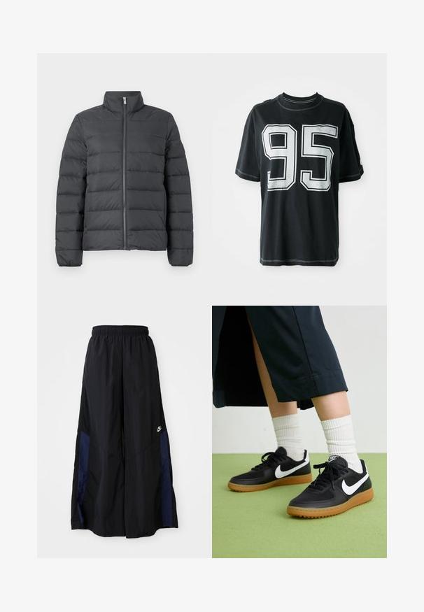 Puffjacka i mörkgrått, med hög krage, hel dragkedja fram och horisontellt stygnmönster för ökad isolering och textur.; Svart bomulls t-shirt med korta ärmar, med ett vitt tryckt nummer "95" framtill och kontrasterande sömmar längs kanterna.; Svarta vida byxor gjorda av lättviktig tyg, med en marinblå sid panel och ett elastiskt midjeband. Litet vitt logotyp nertill.; Svarta läder- och syntetiska sneakers med vit Nike-logga, gummisula, rund tå och svarta snörningar. Ribbad vit strumpor synliga.