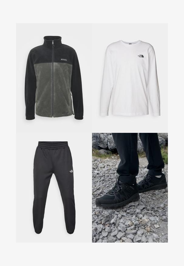 Fleece takki, jossa on musta yläosa ja oliivinvihreä alaosa. Varustettu täyspitkällä vetoketjulla ja seisomakauluksella. Pehmeä tekstuuri.; Valkoinen pitkähihaisen T-paita, joka on valmistettu puuvillasta ja jossa on pyöreä kaula-aukko. Rintamuksessa on pieni musta logo. Sileä kangas, normaali malli.; Mustat collegehousut, joissa on nauhakuomu vyötäröllä, kapeneva fit, elastiset hihansuut ja pieni valkoinen logo vasemmassa reidessä, valmistettu sileästä kankaasta.; Mustat ulkokengät, joissa on verkko- ja synteettinen materiaali, teksturoitu päällinen, varma nauhoitusjärjestelmä ja kestävä pohja kivikkoisella maastolla.