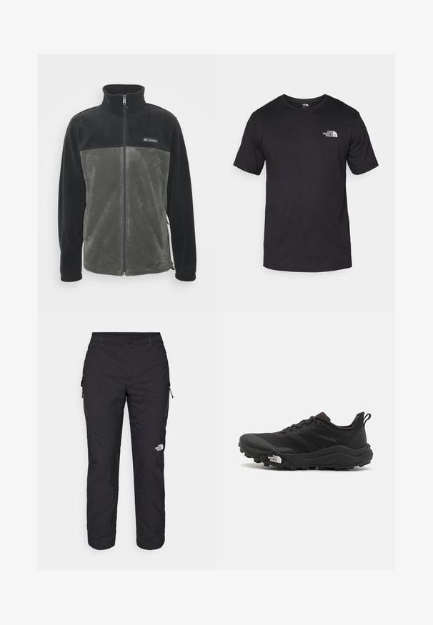 Giacca in fleece con una parte superiore nera e una parte inferiore verde oliva. Presenta una zip a lunghezza totale e un colletto alto. Texture morbida.; T-shirt nera a maniche corte in cotone, con scollatura rotonda e un piccolo logo bianco nell'area superiore sinistra del petto.; The North Face WINTER EXPLORATION TAPERED CARGO - Pantaloni outdoor - black; Scarpa da trail running nera con tomaia texture, suola in gomma e punta rinforzata. Presenta un collare imbottito e un tassello per un indossamento facile.