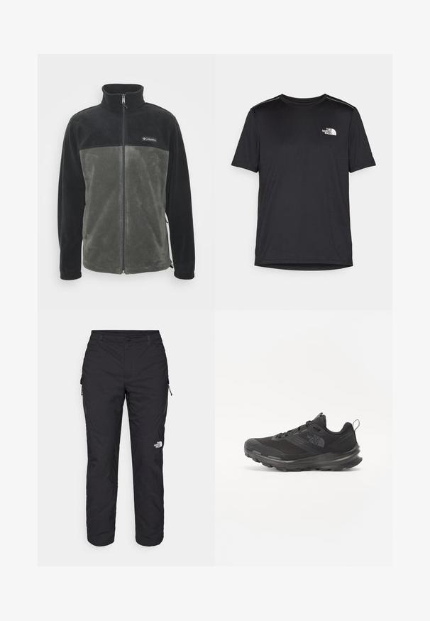 Fliisjakker, millel on must ülemine osa ja oliivroheline alumine osa. Omab täispikka tõmblukku ja püsti kraed. Pehme tekstuur.; Must mustaöödiga must T-särk, mis on valmistatud kerge riidekanga. Esiküljel on vasakul rinnal väike valge logo ning õlgadel on peened aktsendid.; The North Face WINTER EXPLORATION TAPERED CARGO - Õuepüksid - black; Must use õhku läbilaskvat võrku ülemise ja kummist välispõhjaga mustad atleetijalatsid, millel on polsterdatud kaelus. Omab nööre, logo küljel ja tekstuurset disaini.