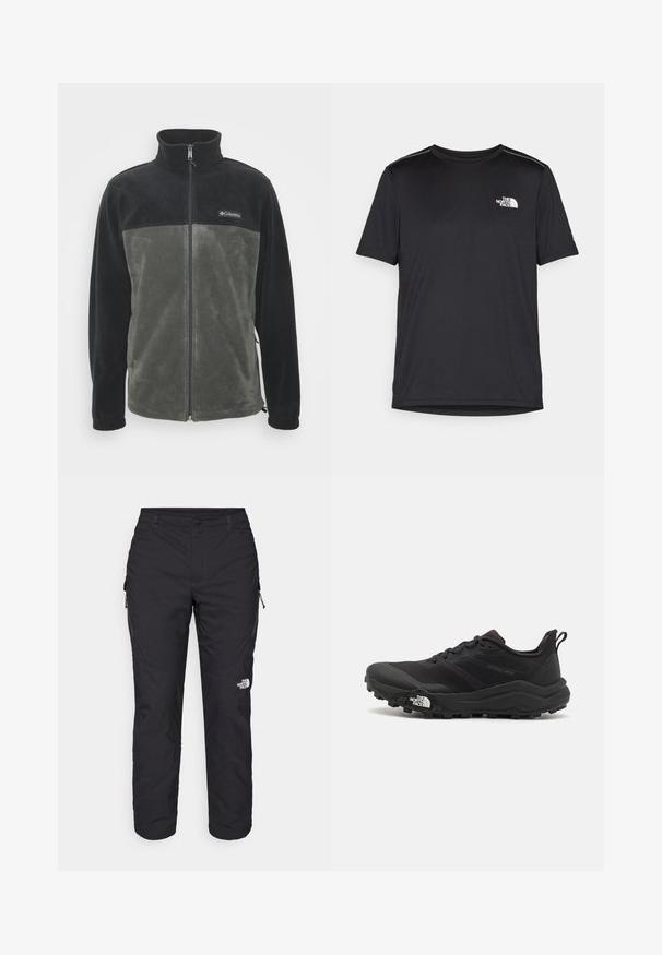 Fleecejacka med en svart övre del och en olivgrön nedre del. Har en hel dragkedja och en ståkrage. Mjuk textur.; Svart kortärmad T-shirt i lättviktig tyg. Har en liten vit logotyp på vänster bröst och subtila axeltoner.; The North Face WINTER EXPLORATION TAPERED CARGO - Friluftsbyxor - black; Svart terränglöparsko med en strukturerad ovandel, gummisula och förstärkt tåhätta. Har en vadderad krage och en dragflik för enkel påtagning.
