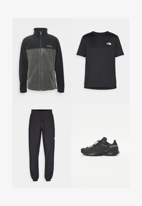 Fleece jacket with a black upper section and olive green lower section. Features a full-length zipper and a stand-up collar. Soft texture.; Black short-sleeve T-shirt made from lightweight fabric. Features a small white logo on the left chest and subtle shoulder accents.; Black athletic pants made from lightweight fabric, featuring a drawstring waistband, side pockets, and tapered cuffs at the ankles.; Black trail running shoe with a textured upper, elastic laces, and Contagrip outsole. Features a snug fit and protective toe cap.