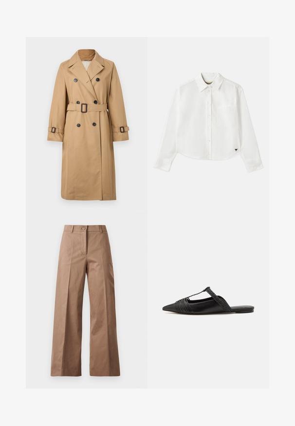 Beige trench coat with a double-breasted design, black buttons, belt at the waist, and adjustable cuffs. Smooth texture, classic silhouette.; White cropped long-sleeve shirt made of cotton. Features a button-up front, a chest pocket, and a small black logo on the bottom left.; Brown wide-leg trousers made from a smooth fabric, featuring a front button closure, two front pockets, and clean, tailored lines.; Black leather slingback shoe with a pointed toe, featuring a woven accent and pleated upper design. Flat sole with minimal hardware.