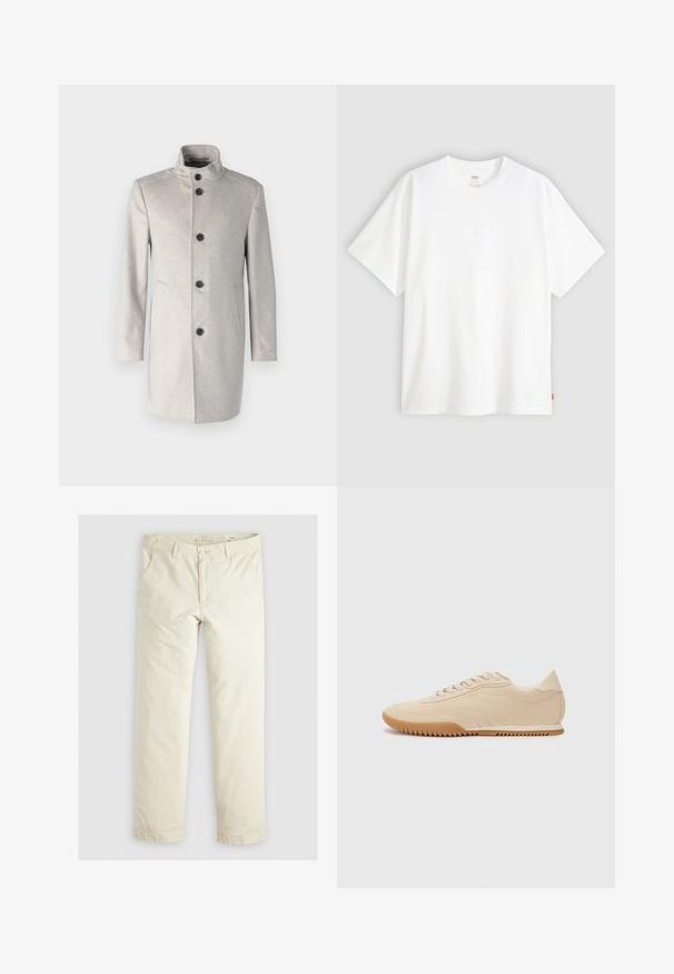 Világosszürke kabát magas gallérral, öt fekete gombbal, oldalsó zsebekkel és egyenes szabású dizájnnal, puha anyagból.; Fehér, rövid ujjú pamut póló, kerek nyakkivágással. Az elülső részen finom, domború logós részlet található, valamint egy piros cimke az alsó szegélyen.; Világos bézs, laza szabású nadrág három zsebbel, övpántokkal és egyenes szárú kialakítással. Puha pamut keverék anyagból készült.; Beige velúr sportcipők letisztult dizájnnal, textúrázott felsőrésszel, kerek orral és zig-zag mintázattal ellátott gumitalppal.