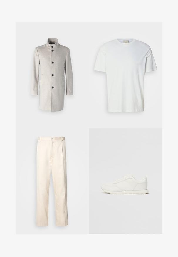 Gaiši pelēks mētelis ar augstu apkakli, piecas melnas pogas, sānu kabatas un taisnas griezuma dizains no mīksta auduma.; Vienkārša balta īsām piedurknēm kreklveida T-krekls ar redzamu Calvin Klein marķējumu iekšpusē apkakles, parādīts neitrālā fonā.; Bežā krāsā auduma bikses ar taisnu kāju griezumu, pievienotām pogu aizdares un priekšējiem krokām papildu detaļām.; Baltie sporta apavi ar mežģīņu un sintētisko augšdaļu, apaļu purngalu, plakanu mežģīņu un teksturētu sānu joslu. Gumijas zole ar cilpu aizmugurē.