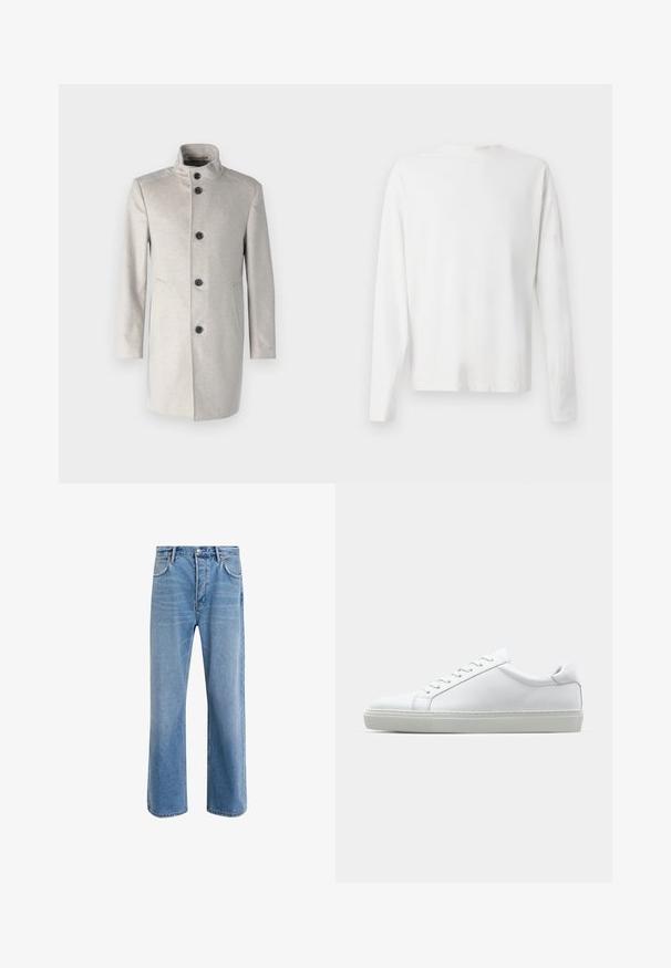 Light gray coat with a high collar, featuring five black buttons, side pockets, and a straight cut design in a soft fabric.; Long-sleeved white cotton shirt with a round neckline, side slits at the bottom, and a smooth texture, displayed from the back.; Light blue denim jeans with a straight-leg design, five pockets, button closure, minimal fading, and contrasting stitching details.; White sneaker with a smooth leather upper and a low profile. Features a rounded toe, six eyelets, and a textured rubber sole.