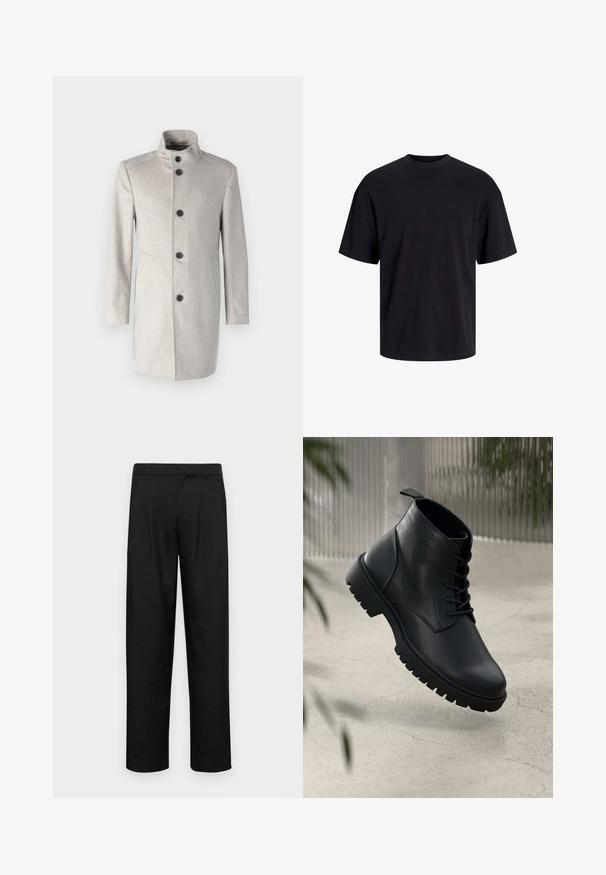 Gaiši pelēks mētelis ar augstu apkakli, piecas melnas pogas, sānu kabatas un taisnas griezuma dizains no mīksta auduma.; Melns kokvilnas T-krekls ar apaļu kakla izgriezumu, īsām piedurknēm un brīvu piegriezumu. Gluda tekstūra un nav redzamu rakstu vai akcentu.; Melnas bikses, izgatavotas no gludas auduma, ar taisnu kāju dizainu, divām priekšējām krokām un standarta jostu, kurai ir āķi.; Melnas ādas potītēm līdzīgas kurpes ar noapaļotu purngalu, saistīšanas sistēmu un izturīgu gumijas zoli. Gluda virsma ar cilpu aizmugurē.