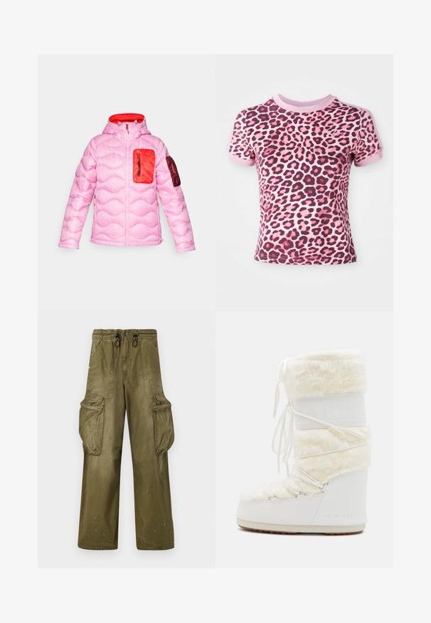Pufferjack in lichtroze met een capuchon, met een gestructureerd gewatteerd ontwerp, een rode borstzak en een kastanjebruine zak op de linkermouw.; Roze luipaardprint t-shirt met korte mouwen, voorzien van een ronde halslijn en contrasterende roze manchetten, gemaakt van zachte, rekbare stof.; Olijfgroene cargobroek met een relaxte pasvorm, elastische tailleband, trekkoord, twee zijzakken en twee grote cargozakken. Licht verouderd.; Witte Moon Boot met bovenwerk van nepbont, vetersluiting aan de voorkant en rubberen zool. Textuurafwerking en het ingedeukte logo aan de zijkant. Chunky, gewatteerd ontwerp.