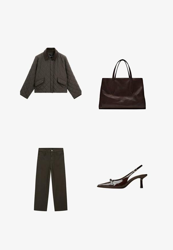 Gepolsterte, dunkelolivfarbene Jacke mit einem Cordkragen, ausgestattet mit zwei frontalen Taschen mit Druckknopfverschluss und einer lässigen Silhouette.; Brauner Wollpullover mit rundem Halsausschnitt, langen Ärmeln, gerippten Bündchen und Saum sowie einer weichen Textur. Es sind keine Muster oder Verzierungen vorhanden.; Dunkelgrüne Jeans im weit geschnittenen Style, hergestellt aus einem Baumwollgemisch. Sie verfügen über einen Frontknopfverschluss, fünf Taschen und klassische Denim-Nähte.; Braune Lackleder-Slingback-Schuhe mit spitzem Zehenbereich, niedrigem Absatz und einer dekorativen Schleifenakzent an der Vorderseite. Glatte, glänzende Textur.; Massimo Dutti Handtasche - brown