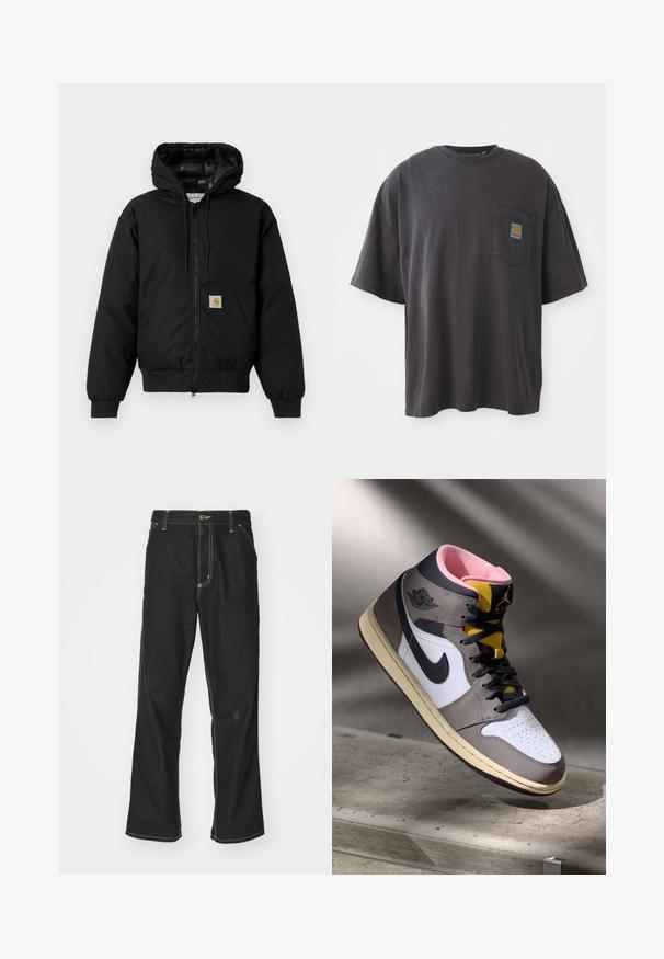 Black Carhartt hooded jacket with front zipper, kangaroo pocket, ribbed cuffs, and logo patch on pocket.; Black cotton t-shirt with short sleeves, a round neckline, and a left chest pocket featuring a square logo patch. Simple and unembellished design.; Black denim jeans with a loose fit, featuring contrasting white stitching, a button closure, and a straight leg design.; High-top Nike Air Jordan sneaker in white, grey, and black with pink interior and yellow tongue, positioned on a concrete surface.