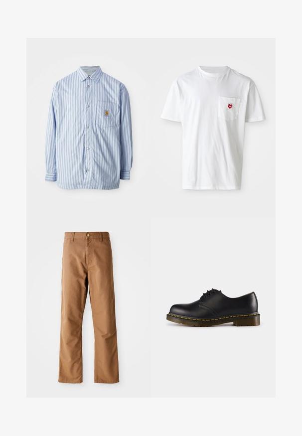 Striped button-up shirt in light blue and white with red accents. Features a chest pocket and long sleeves. Made from a smooth fabric.; White cotton t-shirt with a round neckline and short sleeves. Features a small red heart logo on the left chest pocket.; Brown straight-leg pants with belt loops, front pockets, button closure, and zipper fly on a white background.; Black leather shoe with rounded toe, lace-up design, yellow stitching along the sole, and a chunky, textured rubber outsole.