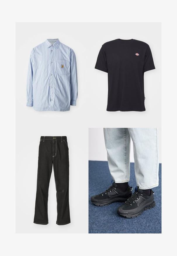 Prúžkovaná košeľa na gombíky v svetlomodrej a bielej farbe s červenými akcentmi. Má náprsné vrecko a dlhé rukávy. Vyrobená z hladkej tkaniny.; Čierne bavlnené tričko s krátkymi rukávmi, okrúhlym výstrihom a malým farebným logom na ľavej hrudi. Má rovný lem.; Čierne denimové nohavice s voľným strihom, s kontrastným bielym prešívaním, uzáverom na gombík a rovnými nohavicami.; Čierne športové topánky s textúrovanou tkaninou a gumovou podrážkou, so elastickými šnúrkami a modrým akcentom na päte. Nosia sa s svetlými riflami.