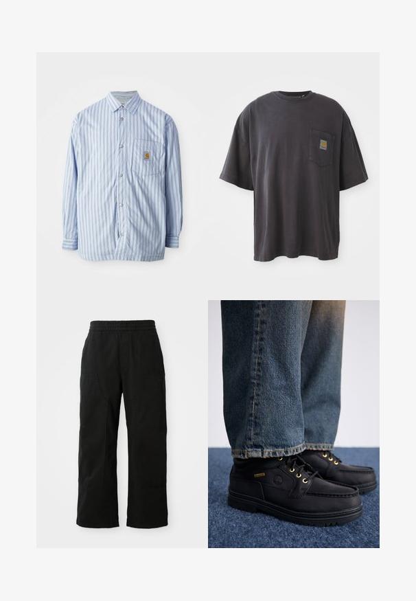 Cămașă cu dungi, albă și albastră deschis, cu accente roșii. Prezintă un buzunar pe piept și mâneci lungi. Fabricată dintr-un material neted.; Tricou negru din bumbac cu mâneci scurte, guler rotund și un buzunar pe piept stâng care prezintă un patch logo pătrat. Design simplu și fără decorațiuni.; Pantaloni negri din bumbac cu talie elastică, design cu picioare largi și buzunare laterale mari. Materialul pare moale, cu o textură fină.; Pantofi din piele neagră cu ochiuri aurii și o finisare texturată, asortați cu blugi din denim albastru. Pantofii au o talpă stratificată și un detaliu de branding.