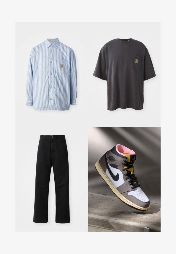 Cămașă cu dungi, albă și albastră deschis, cu accente roșii. Prezintă un buzunar pe piept și mâneci lungi. Fabricată dintr-un material neted.; Tricou negru din bumbac cu mâneci scurte, guler rotund și un buzunar pe piept stâng care prezintă un patch logo pătrat. Design simplu și fără decorațiuni.; Pantaloni din denim negri cu croi drept, având buzunare frontale, fermoar și un singur buton la partea superioară. Țesătură texturată cu un finisaj mat.; Sneaker Nike Air Jordan de tip high-top, alb, gri și negru, cu interior roz și limbă galbenă, amplasat pe o suprafață din beton.