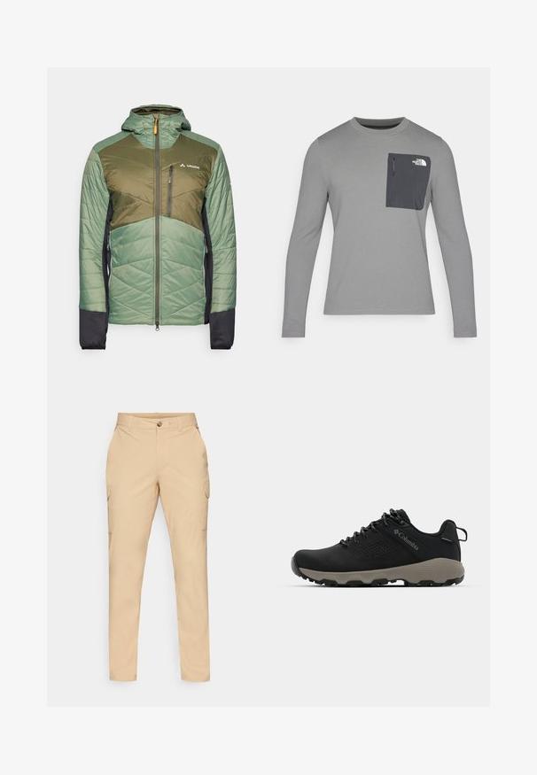 Vaude SESVENNA JACKET IV - Āra jaka - agave; Garais krekls ar garām piedurknēm un teksturētu audumu, ar tumši pelēku krūšu kabatu un rāvējslēdzēju. Uz kabatas ir balts logo.; Beige kravas bikses ar pogu aizdari, šauru piegriezumu, sānu kabatām un gludu kokvilnas maisījuma audumu. Nav pamanāmu rakstu vai akcentu.; Melnas pārgājienu kurpes ar gludu virsu, perforētu dizainu, pelēku zoli un nostiprinātu papēdi. Iekļauj auklas un cilpu vieglai uzvilkšanai.