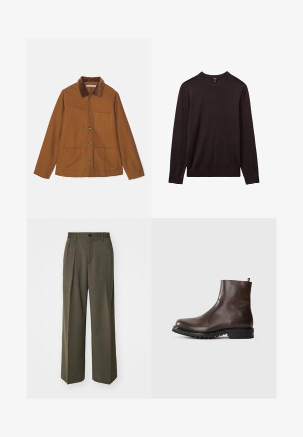 Bruine wolmix jas met een corduroy kraag, knopen aan de voorkant en twee grote zakken. Heeft een rechte snit en lange mouwen.; Reiss Trui - dark bordeaux; Filippa K WIDE TROUSERS - Broek - driftwood; Bruine leren enkelboot met een gladde textuur, elastische zijpanelen, een trekband aan de achterkant en een robuuste rubberen zool.