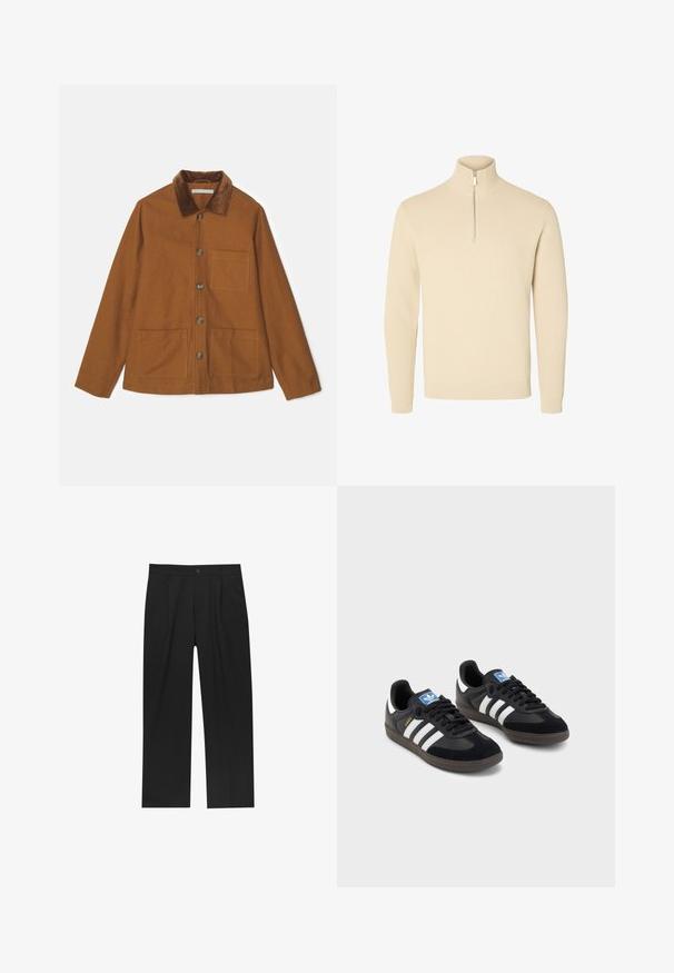 Smeđa jakna od vune s mješavinom pamučnog materijala, s ovratnikom od kordura, prednjim gumbima i dva velika džepa. Ima ravni kroj i duge rukave.; Bežani, rebrasti pleteni pulover s visokim ovratnikom i polu-dugim zatvaračem. Ima duge rukave i prilagođeni rub.; Crne hlače ravnog kroja, izrađene od glatkog materijala. Imaju prednje nabore i jedan dugme na struku.; Crne tenisice s gornjim dijelom od antilopa i sintetičkog materijala, s tri bijele pruge, teksturiranom gumenom potplatom i plavom oznakom na jeziku.