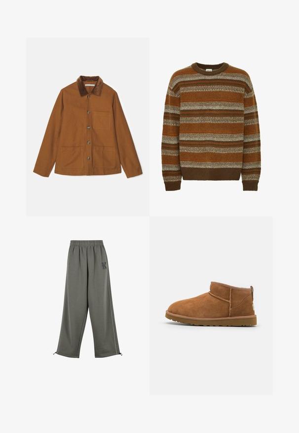 Brahma vilnas maisījuma jaka ar korduroja apkakli, priekšējiem pogām un divām lielām kabatām. Tam ir taisna griezuma formas un garas piedurknes.; Solid SDMAXWELL - Džemperis - slate black; Karl Kani KK OS SIDESTRIPE - Auduma bikses - grey; Bēša zamšas potītes zābaks ar noapaļotu purngalu, smalkiem diegu dekorējumiem un teksturētu gumijas zoli. Īsa augstuma bez auklām.