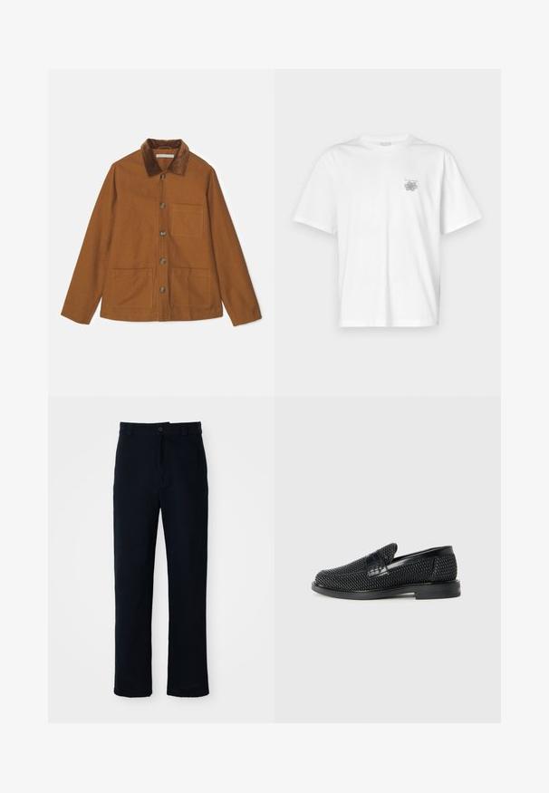 Smeđa jakna od vune s mješavinom pamučnog materijala, s ovratnikom od kordura, prednjim gumbima i dva velika džepa. Ima ravni kroj i duge rukave.; Bijela majica od pamuka s kratkim rukavima, okruglim izrezom i malim sivim logotipom na lijevoj strani prsnog područja. Glatka tekstura.; Mornarsko plave hlače od pamuka, s ravnim krojem, prednjim kopčanjem na gumb i klasičnim pojasom s petljama za remen.; Crne pletene cipele bez pertli s glatkim kožnim naglaskom na gornjem dijelu, s dizajnom okruglog nosa i niskoprofilnom gumenom đonom.