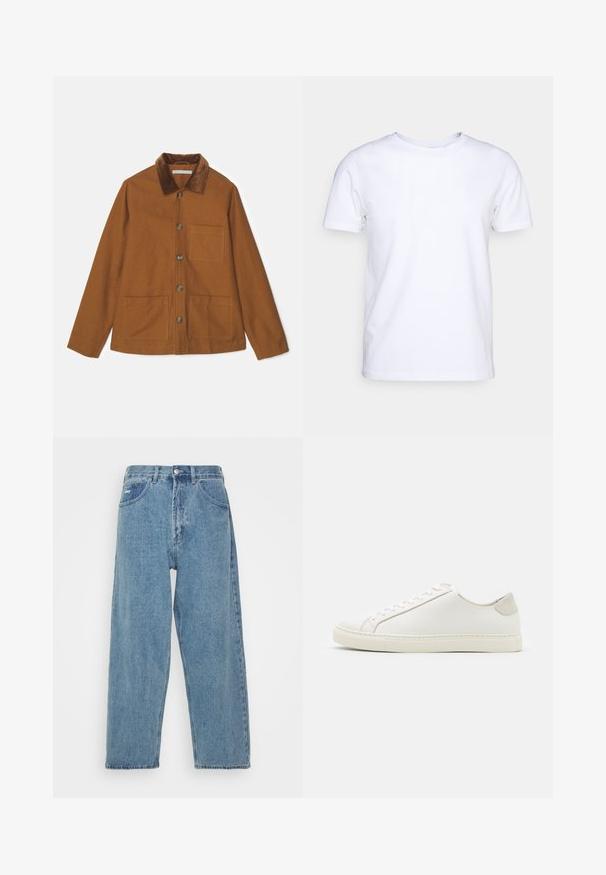 Jachetă dintr-un amestec de lână, de culoare maro, cu guler din catifea, butoane frontale și două buzunare mari. Are o croială dreaptă și mâneci lungi.; Tricou alb cu mânecă scurtă din material de bumbac, cu guler rotund. Design simplu, fără tipare sau accente. Textură netedă.; Jeans din denim de un albastru deschis, cu talie înaltă și o croială relaxată, având două buzunare frontale, un buzunar pe spate și închidere cu nasture.; Tenisii albi din piele cu o suprafață netedă, vârf rotund și un design minimalist. Prezintă accente bej pe toc și o talpă din cauciuc.
