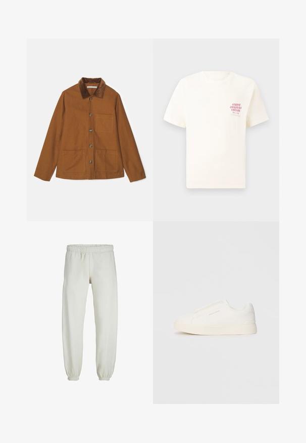 Ruda vilnos mišinio striukė su kordūrojo apykakle, priekiniais mygtukais ir dviem didelėmis kišenėmis. Yra tiesaus kirpimo ir ilgomis rankovėmis.; Balta trumpa rankovėmis marškinėliai su raudonu užrašu "Studio Originals Edition" kairiajame krūtinės šone, rodomi neutralioje pilkoje aplinkoje.; Baltos sportinės kelnės, pagamintos iš minkštos medžiagos, su elastinga juosmeniu ir rankogaliais, turinčios lygią tekstūrą ir laisvą siluetą.; Baltos slip-on sportbačiai su tekstūruota paviršiumi, storesniu padu ir minimalistišku dizainu. Šone matosi prekės ženklo logotipas.