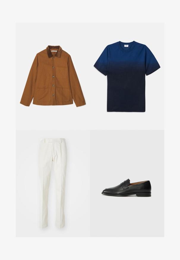 Smeđa jakna od vune s mješavinom pamučnog materijala, s ovratnikom od kordura, prednjim gumbima i dva velika džepa. Ima ravni kroj i duge rukave.; Tamno plava pamučna majica s okruglim izrezom, kratkim rukavima i suptilnim gradijentnim dizajnom koji prelazi iz svjetlijih u tamnije nijanse.; Bijele hlače od pamuka, s ravnim krojem, ravnim prednjim dijelom i bez vidljivih uzoraka ili metalnih dijelova. Glatka tekstura.; Crni kožni loafer s okruglim vrhom, suptilnim šavovima i niskim petama, s glatkom teksturom i minimalističkim dizajnom.