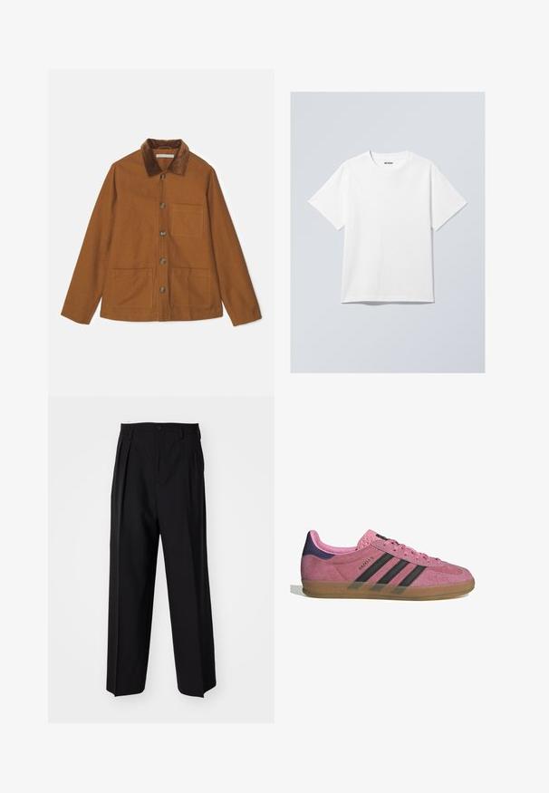 Brown wool blend jacket with a corduroy collar, front buttons, and two large pockets. Features a straight cut and long sleeves.; White cotton t-shirt with a crew neck, short sleeves, and a relaxed fit. Features a brand label reading "WEEKDAY" on the neckline.; Black pleated trousers with a straight, wide-leg design. Made from smooth fabric, featuring a button closure and belt loops.; Pink suede sneaker with black stripes, gum sole, and textured purple heel. Features a lace-up design and embossed branding on the side.