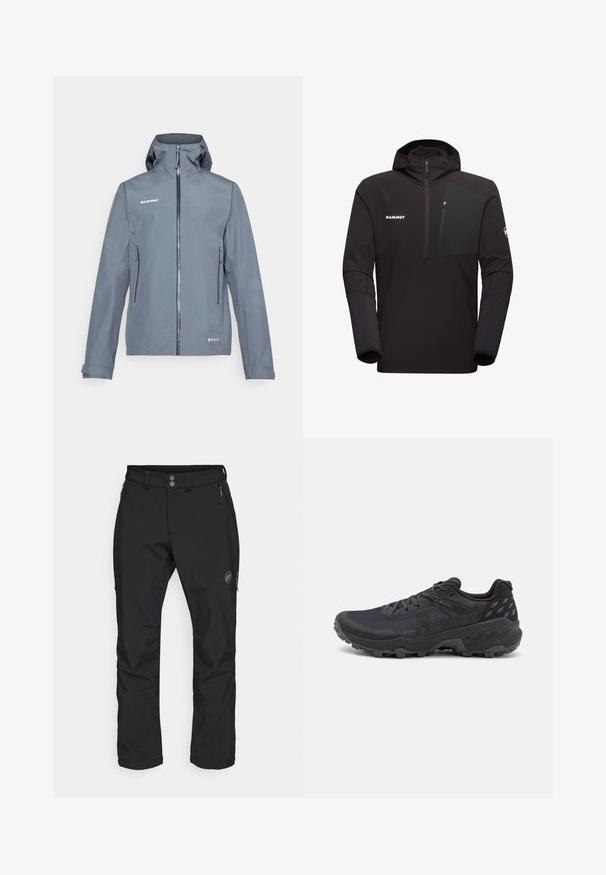 Giacca impermeabile grigia con zip frontale, cappuccio regolabile e due tasche laterali. Presenta una texture liscia e cuciture rinforzate.; Giacca nera con cappuccio e tasca sul petto con zip, realizzata in tessuto texturizzato, con maniche nere a tinta unita in contrasto e logo sul davanti.; Pantaloni neri da esterni con design a gamba dritta, realizzati in tessuto resistente. Presentano due tasche frontali con cerniera e un logo sulla coscia.; Scarpe da trail running nere con tomaia in rete testurizzata e suola in gomma; le caratteristiche includono lacci, collo imbottito e dettagli del logo.