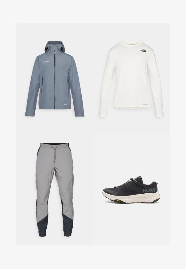 Giacca impermeabile grigia con zip frontale, cappuccio regolabile e due tasche laterali. Presenta una texture liscia e cuciture rinforzate.; Camicia bianca a maniche lunghe con colletto tondo, tessuto testurizzato, logo nero sulla spalla sinistra e branding sottile sul fondo.; Pantaloni sportivi leggeri grigi con accenti neri. Vita elastica, chiusura con cordino, design a gamba affusolata e tasche laterali.; Scarpa sportiva nera con tomaia testurizzata, accenti grigi, dettagli riflettenti e una suola spessa bianca con marchio Vibram.
