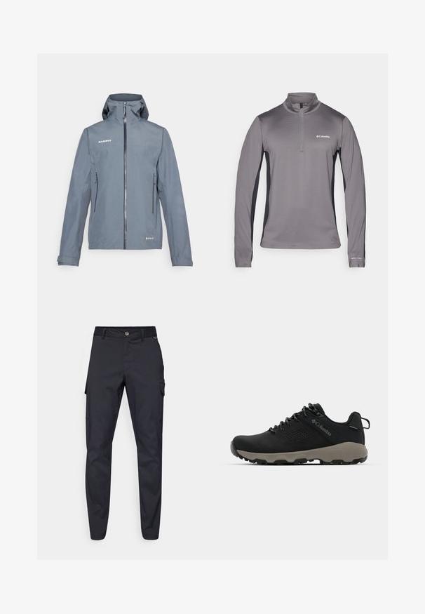 Giacca impermeabile grigia con zip frontale, cappuccio regolabile e due tasche laterali. Presenta una texture liscia e cuciture rinforzate.; Pullover grigio a maniche lunghe con mezzo zip, tessuto testurizzato, pannelli laterali neri a contrasto e piccolo logo sul petto.; Pantaloni cargo navy in tessuto resistente, dotati di chiusura a bottone, cinque tasche e gambe affusolate con leggera trama.; Scarpa da trekking nera con tomaia liscia, design perforato, suola grigia e tallone rinforzato. Caratterizzata da lacci e un anello per una facile calzata.
