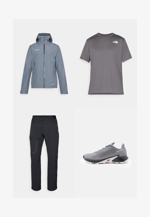 Graue wasserdichte Jacke mit einem Frontreißverschluss, verstellbarem Kapuze und zwei Seitentaschen. Merkmale eine glatte Textur und verstärkte Nähte.; Graues sportliches T-Shirt mit kurzen Ärmeln, aus glattem, leichtem Stoff. Verfügt über ein weißes Logo auf der linken Brustseite. Rundhalsausschnitt.; Schwarze Outdoor-Hosen mit einem Reißverschlusstaschen an den Oberschenkeln, elastischem Bund und glattem, wasserabweisendem Stoff. Sauberes Design ohne sichtbare Logos.; Graue Laufschuhe mit strukturiertem Mesh-Obermaterial, schwarzer und weißer Gummisohle sowie roten Akzenten nahe der Ferse. Verfügt über Schnürsenkel und ein unterstützendes Design.