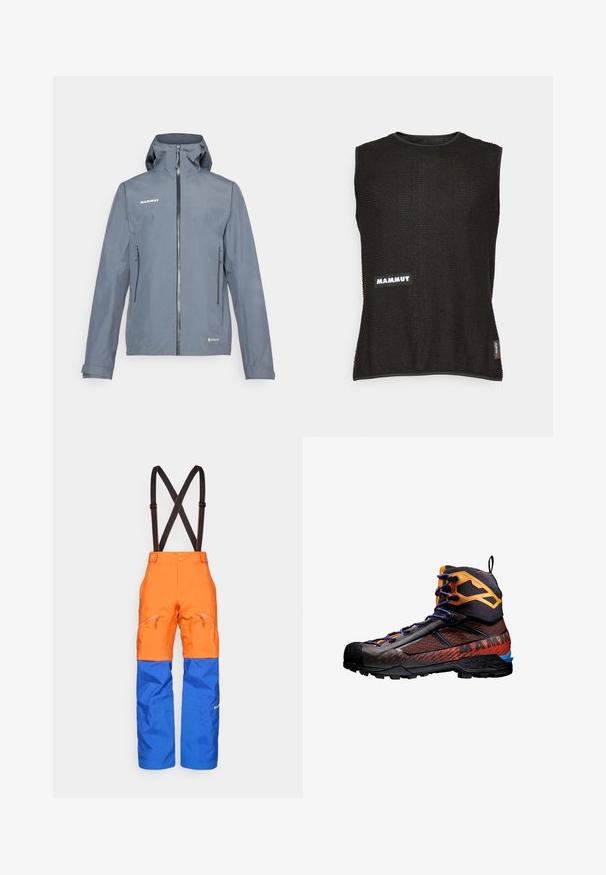 Giacca impermeabile grigia con zip frontale, cappuccio regolabile e due tasche laterali. Presenta una texture liscia e cuciture rinforzate.; Top senza maniche di colore nero realizzato in materiale texturizzato, con un logo "Mammut" bianco e una piccola etichetta rossa sul lato, scollatura rotonda.; Pantaloni impermeabili arancioni e blu con bretelle regolabili nere, tasche anteriori con zip e pannelli rinforzati sulle ginocchia per attività all'aperto.; Scarponcino da trekking nero e arancione con materiali in rete e gomma. Presenta accenti blu, motivi testurizzati e un design alto alla caviglia per supporto.