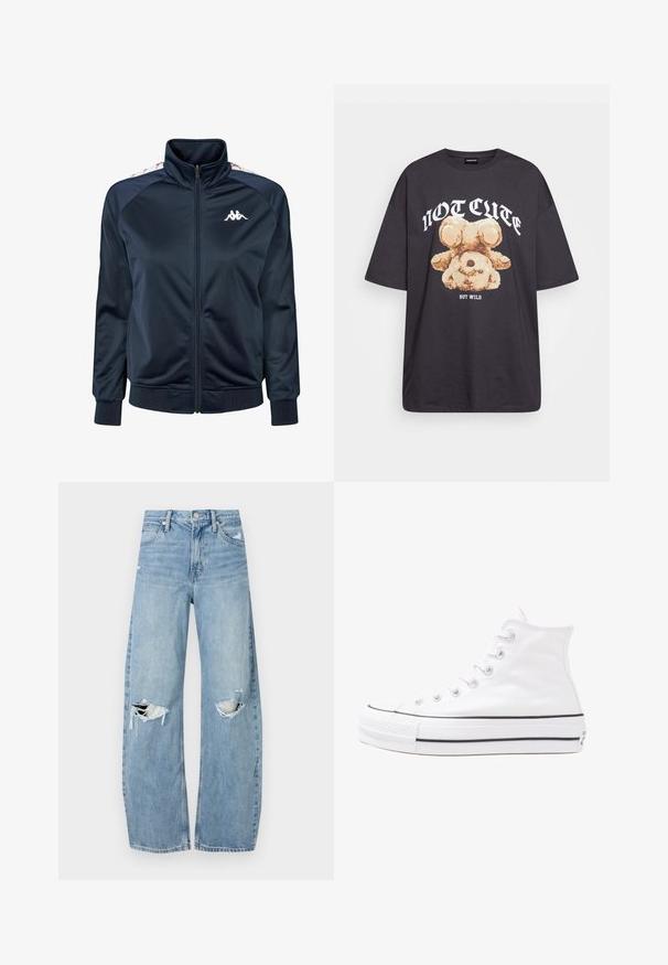 Námornícka modrá športová bunda z hladkého materiálu s vysokým golierom, predným zipsom a rebrovanými manžetami; obsahuje logo a vzorované akcenty na ramenách.; Čierne oversized tričko s grafikou medveďa a textom "NIE ROZTOMILÉ ALE DIVOKÉ" v tučnom bielom písmene. Bavlnený materiál.; Svetlomodré, vysoké džínsy vyrobené z denimu. Majú široké nohavice, dve roztrhnuté kolená a klasický päťvreckový strih.; Biele vysoké plátené tenisky s čiernou gumovou podošvou, prednou gumovou špičkou a šiestimi okami na šnúrky, s čistým, minimalistickým dizajnom.