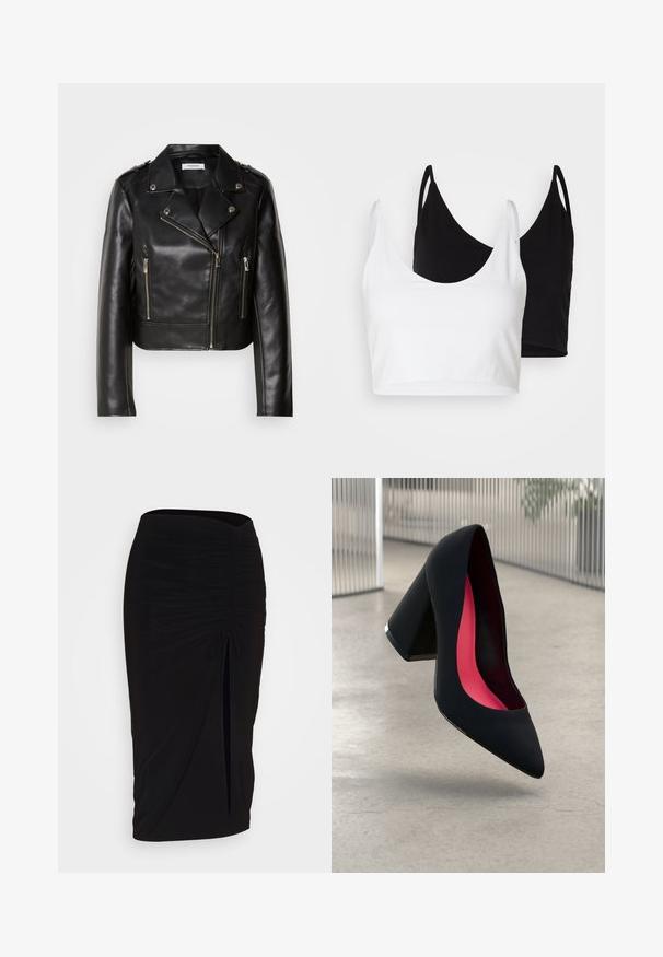 Crna kožna moto jakna s srebrnim detaljima, asimetričnim zatvaračem i dva prednja džepa sa zatvaračem. Ima široke reverne i detalje na ramenima.; Dva pamukasta crop topa u bijeloj i crnoj boji. Svaki ima dubok izrez i tanke naramenice, s glatkom, mekanom teksturom.; Crna, nabrana suknja olovka s detaljem vezanja i bočnim prorezom. Izrađena od rastezljivog materijala, s glatkom teksturom i prilagođenim dizajnom.; Crna visoka potpetica s oštrim vrhom, teksturiranom površinom i živopisnom ružičastom unutrašnjošću. Ima masivnu potpeticu s srebrnim detaljem.
