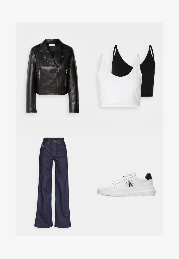 Zwarte leren motorjack met zilverkleurige hardware, asymmetrische ritsluiting en twee frontale ritszakken. Voorzien van brede revers en schouderdetails.; Twee katoenen crop tops in wit en zwart. Elke top heeft een diepe halslijn en dunne schouderbandjes, met een gladde, zachte textuur.; Donkerblauwe wijde jeans van denimstof met een hoge taille, voorzien van oranje stiksels, een vijf-pocket ontwerp en een knoopsluiting.; Witte lage sneaker met zwarte hiel tab, plateauzool, veters en Calvin Klein "CK" logo aan de zijkant.