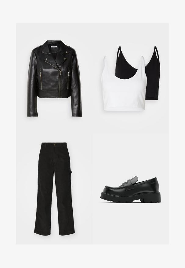 Sorte læder bikerjakke med sølvhardware, asymmetrisk lynlås lukning og to front lynlås lommer. Har brede revers og skulderdetaljer.; To bomulds crop tops i hvid og sort. Hver har en dyb udskæring og tynde skulderstropper, der har en glat, blød tekstur.; Sorte kordfløjsbukser med et lige ben-design, der har en knaplukning og sidelommer. Glat tekstur med fine lodrette striber.; Sorte læder loafers med en chunky tekstureret sål, der har en rem over vamps og en glat, poleret finish.