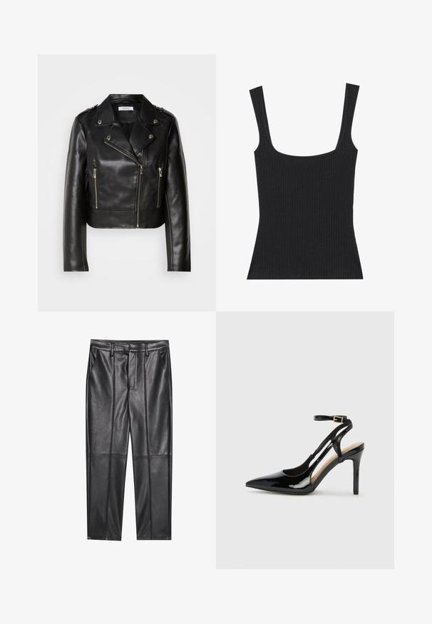 Schwarze Lederbikerjacke mit silbernen Beschlägen, asymmetrischem Reißverschluss und zwei vorderen Reißverschlusstaschen. Mit breiten Revers und Schulterdetails.; Schwarzes geripptes Tanktop mit quadratischem Ausschnitt und schmalen, verstellbaren Trägern. Der Stoff hat ein strukturiertes Muster und eine figurbetonte Passform.; Schwarze Lederhosen mit glatter Textur, gerader Passform, zwei Fronttaschen und sichtbaren Nahtdetails.; Schwarze Patentleder-High-Heel-Slingback-Pumps mit spitzem Zeh, verstellbarem Knöchelriemen und offenen Seiten. Glatte Textur.