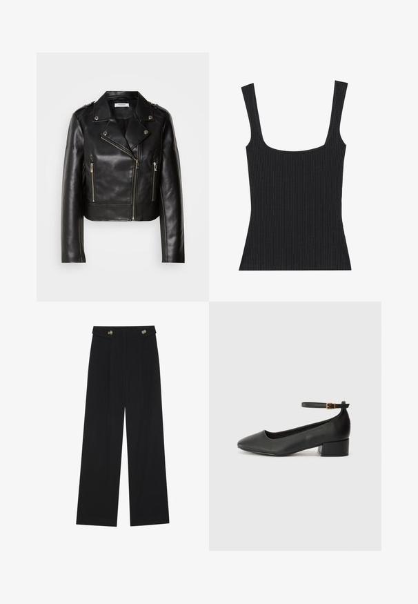 Jaqueta de motociclista em couro preto com acabamentos prateados, fecho de zíper assimétrico e dois bolsos frontais com zíper. Apresenta lapelas largas e detalhes nos ombros.; Top de alças pretas com decote quadrado e alças finas e ajustáveis. O tecido apresenta um padrão texturizado e um design ajustado.; Calças largas pretas com cintura alta, detalhes em botão na cintura e pregas frontais.; Sandal de pele preta com bico pontiagudo e um salto bloco baixo. Apresenta uma tira no tornozelo com uma fivela em tom dourado. Textura suave.