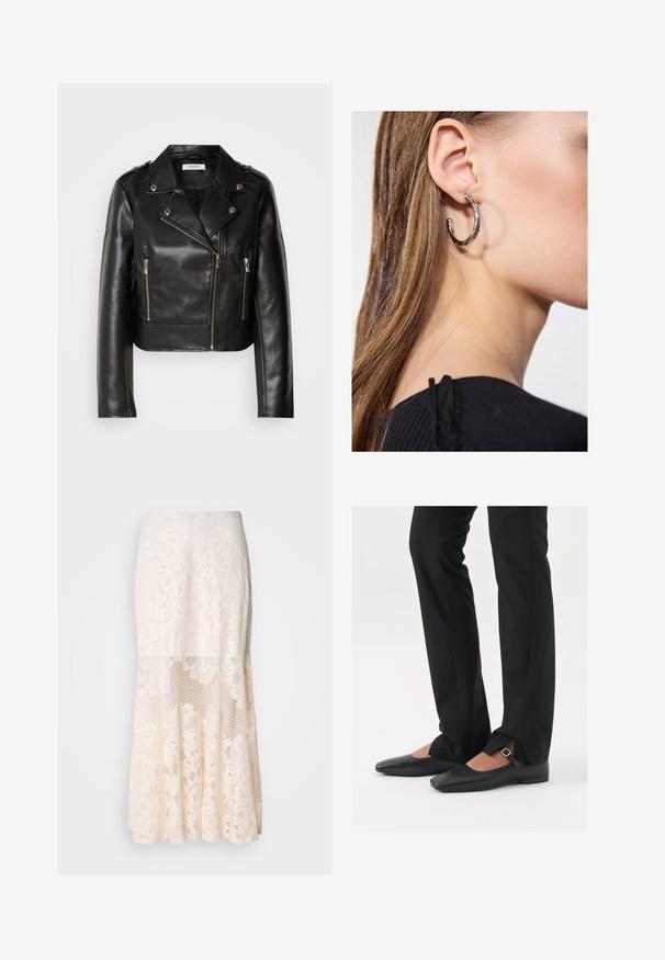 Svart skinnbikerjakke med sølvfarget hardware, asymmetrisk glidelåslukking og to frontlommer med glidelås. Har brede klaffer og skulderdetaljer.; Svart tanktopp laget av myk, elastisk stoff. Har rund halsutskjæring og brede skulderstropper, med en tettsittende silhuett og jevn tekstur.; Blomsterbroderi midi skjørt i krem; har lagd design med gjennomsiktige seksjoner, teksturert blonde og flared kant.; Svart skinnballett-sko med spiss tå, stropp med sølvspenne, kombinert med svarte skreddersydde bukser med splitt i kanten.; Sølv ringøredob med en polert finish, med små gull detaljer og en rund form, båret på øreflippen.