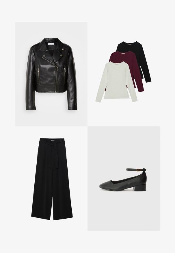 Giacca da motociclista in pelle nera con hardware argentato, chiusura con zip asimmetrica e due tasche anteriori con zip. Presenta ampie rever e dettagli sulle spalle.; T-shirt a maniche lunghe in bianco, bordeaux e nero. Realizzate in tessuto morbido con scollatura rotonda e design aderente. Adatte per essere indossate a strati.; Pantaloni neri a gamba larga caratterizzati da un tessuto testurizzato, una vita elastica e una cintura staccabile per una vestibilità regolabile.; Pump in pelle nera con punta affusolata e tacco basso a blocco. Presenta una cinghia alla caviglia con una fibbia in tonalità oro. Texture liscia.