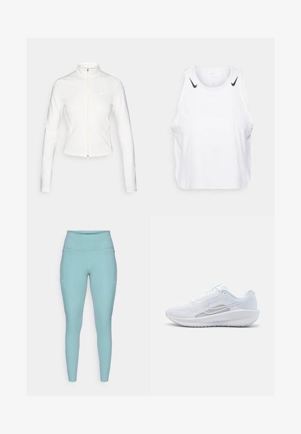 Weiße Zip-Jacke aus glattem, elastischem Stoff. Sie hat lange Ärmel, einen hohen Kragen und reflektierende Logoakzente auf der Brust und an den Ärmeln.; Weißes ärmelloses Tanktop aus leichtem Stoff, mit schwarzen Nike-Logo-Akzenten an den Schultern, rundem Ausschnitt und lässigem Schnitt.; Helle blaue Leggings aus dehnbarem Material, mit hohem Bund, nahtlosem Design und minimalen weißen Akzenten an den Seiten.; Weißer Sport Schuh mit Mesh-Obermaterial, abgerundeter Zehenpartie und strukturiertem Sohlenprofil. Mit einem silbernen Nike Swoosh und minimalistischem Design.