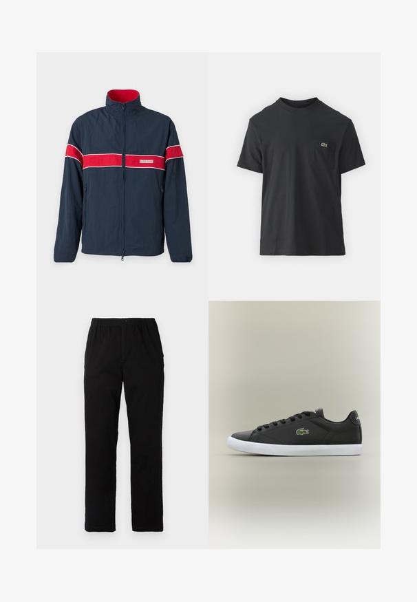 Tamsiai mėlynas zip-up džemperis su raudonomis ir baltomis horizontaliomis juostomis, su stovinčiu apykakle ir šoninėmis kišenėmis. Pagamintas iš lengvos medžiagos.; Juodas medvilninis marškinėliai trumpomis rankovėmis, apvaliu iškirpimu ir maža žalia logo kairėje krūtinės kišenėje. Paprastas dizainas, reguliaraus pjaustymo.; Juodi kelnės, pagamintos iš medvilnės mišinio, su tiesiomis kirpimo linijomis, elastingu liemeniu su mygtuku ir be aiškių raštų ar akcentų.; Juodos odinės sportbačiai su baltais guminiais padais, turintys žalią krokodilo logotipą ir apvalias raišteles, elegantiškas dizainas su lygia tekstūra.