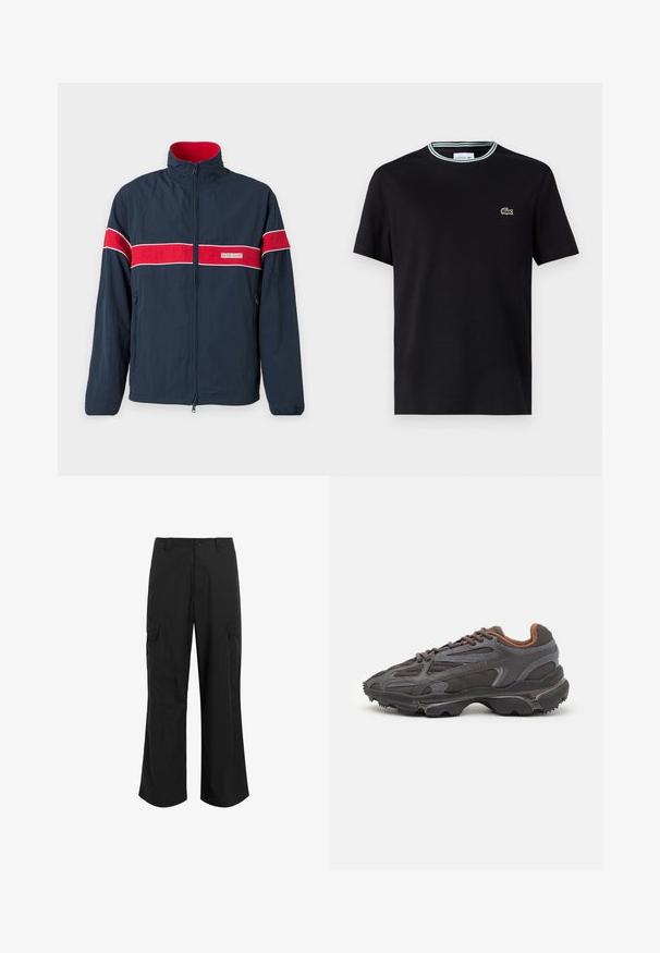 Tumesinine tõmblukuga jakk, millel on punased ja valged horisontaalsed triibud, kõrge krae ja küljetaskud. Valmistatud kergest materjalist.; Must värvi puuvillane T-särk ümmarguse kaelusega, millel on valge ja roheline triibuline äärestus ning vasakul rinnal brodeeritud roheline krokodilli logo.; Mustad mustad püksid kergest kangast, millel on lõdva istuvuse, kaks suurt küljetaskut ja nup closure.; Tumed hallid Lacoste tossud, mis on valmistatud võrkkangast ja sünteetilisest materjalist, omavad tekstureeritud talla ning pruune aktsente kaeluse ja brändingu juures.