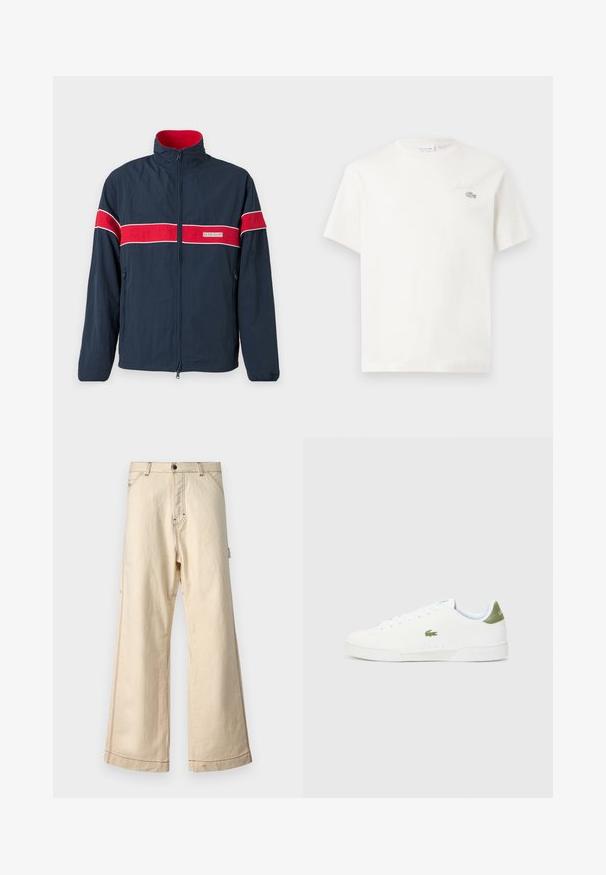 Jachetă cu fermoar de culoare albastru închis, cu dungi orizontale roșii și albe, guler în picioare și buzunare laterale. Fabricată dintr-un material ușor.; Tricou alb din bumbac, cu mâneci scurte, având un logo brodat subtil și un design minimal. Textură moale, gât rotund.; Pantaloni largi bej din bumbac, cu fermoar și nasture, cu cusături contrastante și buzunare laterale.; Adidași albi cu o textură fină, având un accent verde la călcâi și un mic logo brodat al unui crocodil pe lateral.