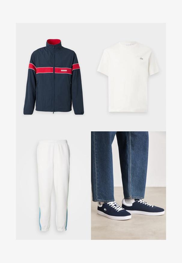 Kleita zilā krāsā ar rāvējslēdzēju, ar sarkanām un baltām horizontālām svītrām, sānu kabatām un stenda apkakli. Izgatavota no viegla materiāla.; Balts kokvilnas T-krekls ar īsām piedurknēm, kuram ir smalka izšūta logo un minimālisma dizains. Mīksta tekstūra, apaļa kakla izgriezums.; Baltas sporta bikses ar elastīgu jostu, ar zaļiem un ziliem sānu svītrainiem. Mīksta auduma ar sašaurinātu potīšu dizainu.; Zili auduma sporta apavi ar baltām stīgām un gumijas zolēm, izlikti kopā ar džinsiem un pelēkām ribotām zeķēm, uz gaiši pelēka pamata.