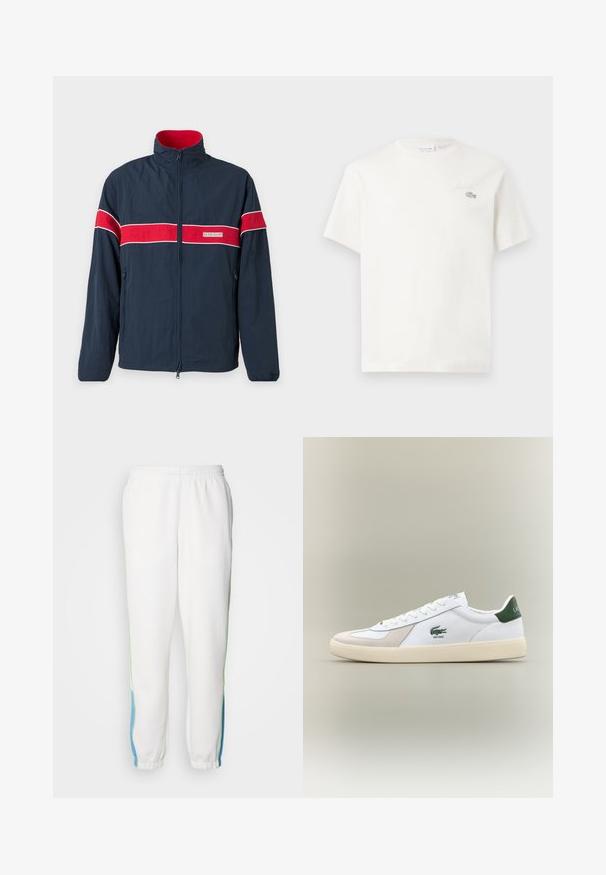 Námořnická modrá zipová bunda s červenými a bílými horizontálními pruhy, stojáčkovým límcem a bočními kapsami. Vyrobeno z lehkého materiálu.; Bílá bavlněná tričko s krátkými rukávy, s jemně vyšitým logem a minimalistickým designem. Měkká textura, kulatý výstřih.; Bílé teplákové kalhoty s elastickým pasem, se zelenými a modrými bočními pruhy. Měkká látka s tapered (zkoseným) designem na kotnících.; Bílá teniska se zelenými akcenty, z materiálů semiš a kůže, kulatou špičkou, texturovanou podešví a vyšitým logem na boku a jazyku.