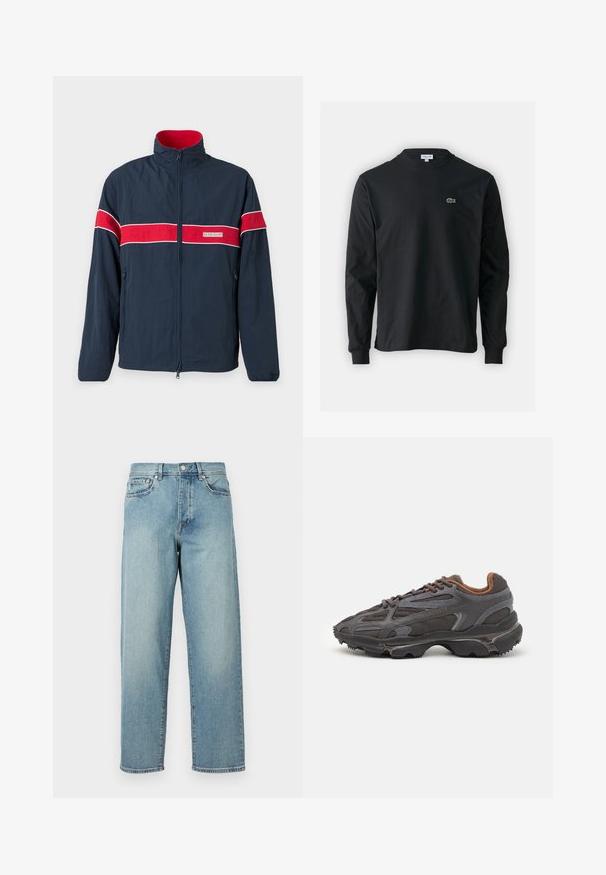 Navy blue zip-up jacket featuring red and white horizontal stripes, a stand collar, and side pockets. Made from lightweight material.; Black long-sleeve t-shirt made of cotton, featuring a round neckline and a small green embroidered crocodile logo on the left chest.; Light blue denim jeans with a loose fit, straight legs, five-pocket design, and a button closure at the waist. Minimalistic stitching detail.; Lacoste sneakers in dark gray with mesh and synthetic material, featuring a textured sole and brown accents on the collar and branding.