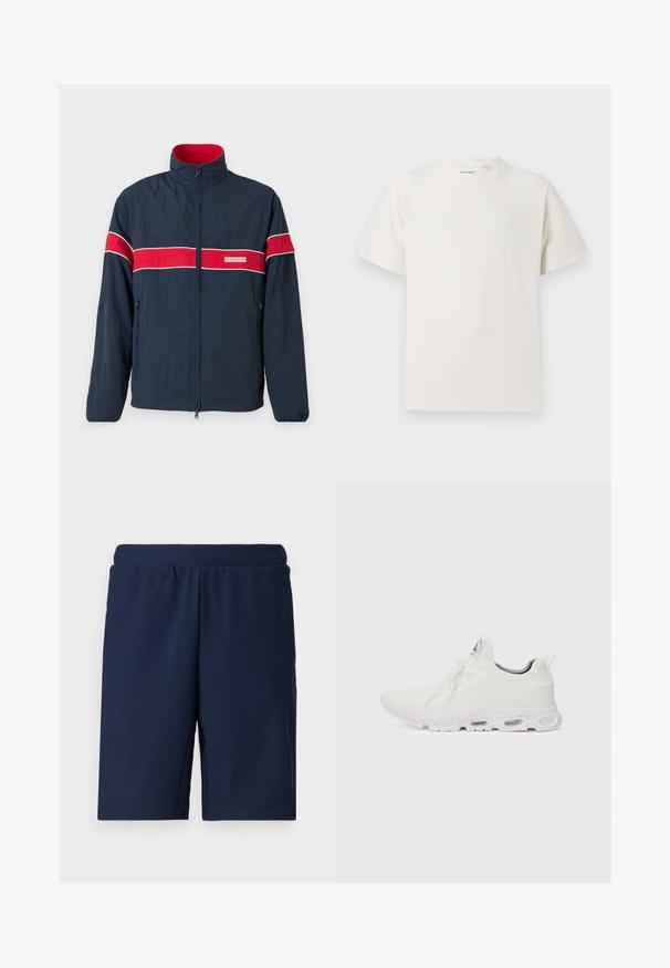 Tamno plava zip-up jakna s crvenim i bijelim horizontalnim prugama, s visokim ovratnikom i bočnim džepovima. Izrađena od laganog materijala.; Bijela kratka majica s kratkim rukavima u rebrastoj teksturi. Okrugli izrez, ležeran kroj, bez vidljivih uzoraka ili akcenta. Jednostavan i svestran dizajn.; Tamnoplave sportske kratke hlače s rebrastom teksturom, elastičnim pojasom i ravnim krojem, dizajnirane za udobnost i lakoću pokreta.; Bijele atletske tenisice s gornjim dijelom od teksturiranog pletenog materijala, ravnim vezicama i jastučićem u potplatu s vidljivim zračnim komorama radi dodatne potpore.
